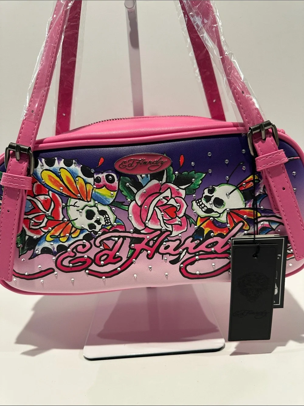 NWT Ed Hardy Pink Harmony Bowling Satchel with adjustable Straps.